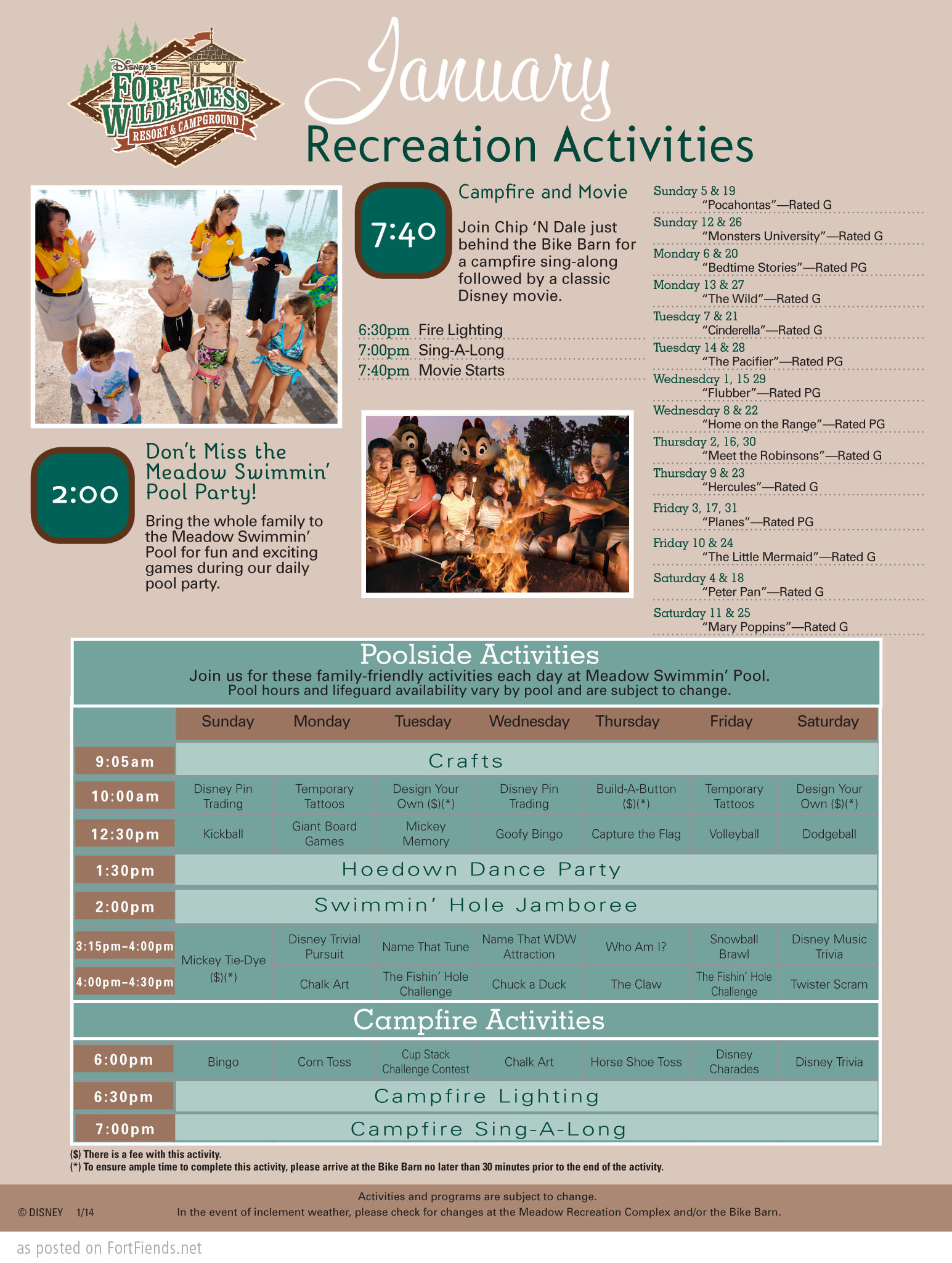 Fort Wilderness Activities Schedule January 2014 Activities Fort