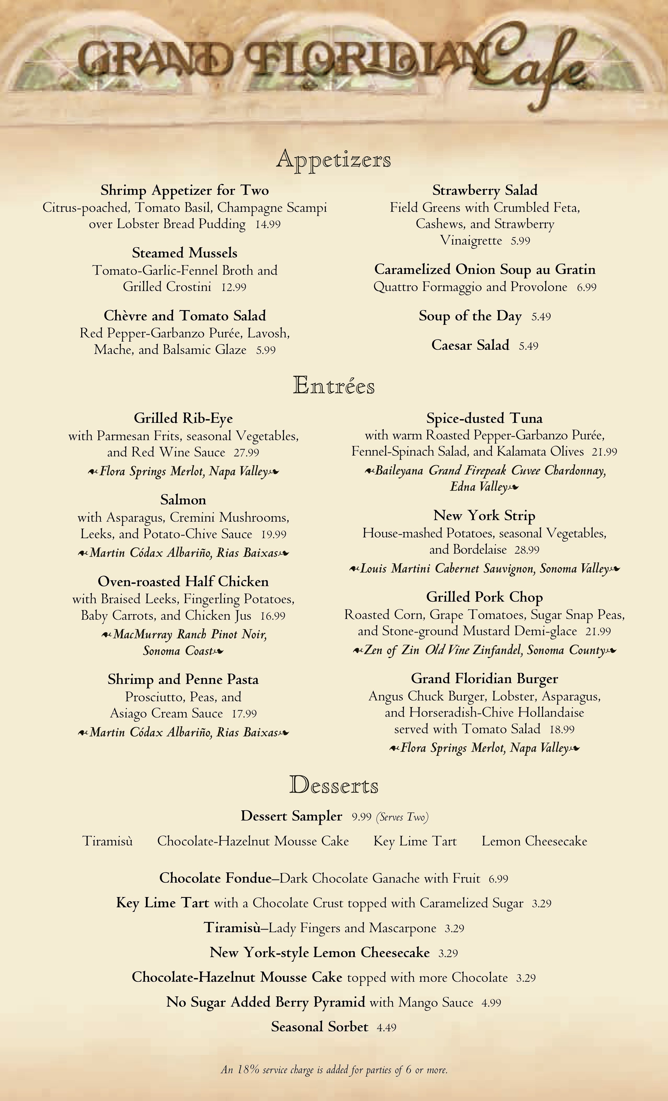 Menu Grand Floridian Cafe Disney's Grand Floridian Resort and Spa