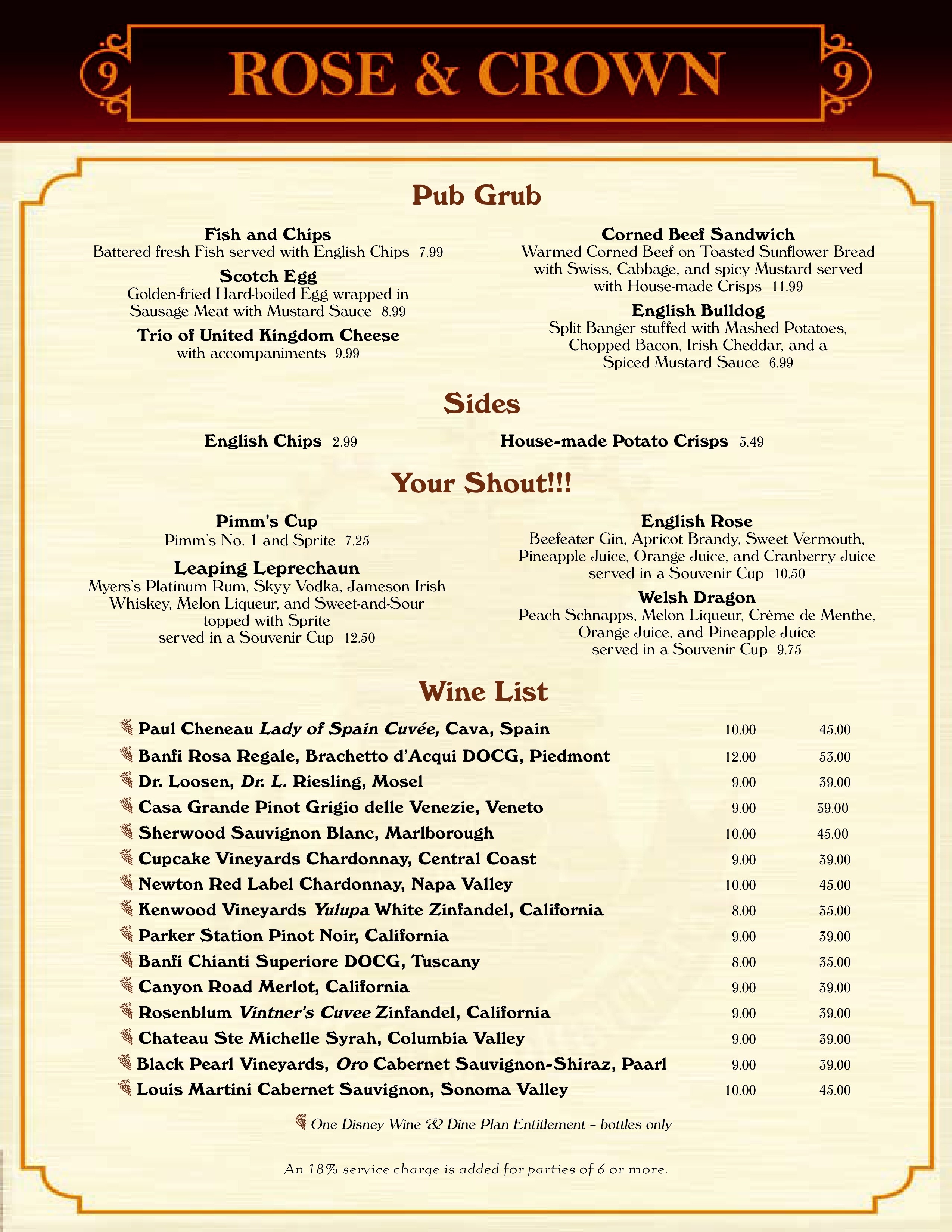Menu Rose & Crown Pub and Dining Rooml Epcot United Kingdom Pavilion