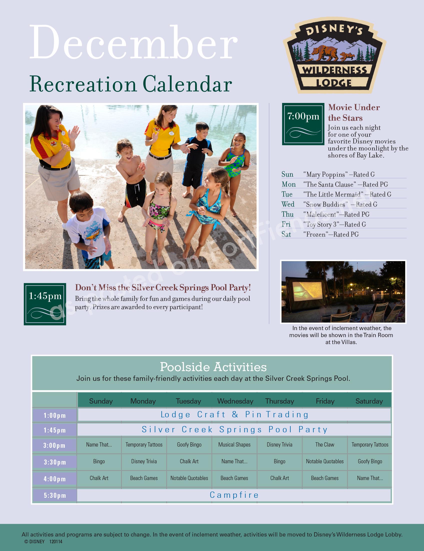 Wilderness Lodge Activities Calendar December 2014 Resorts Board
