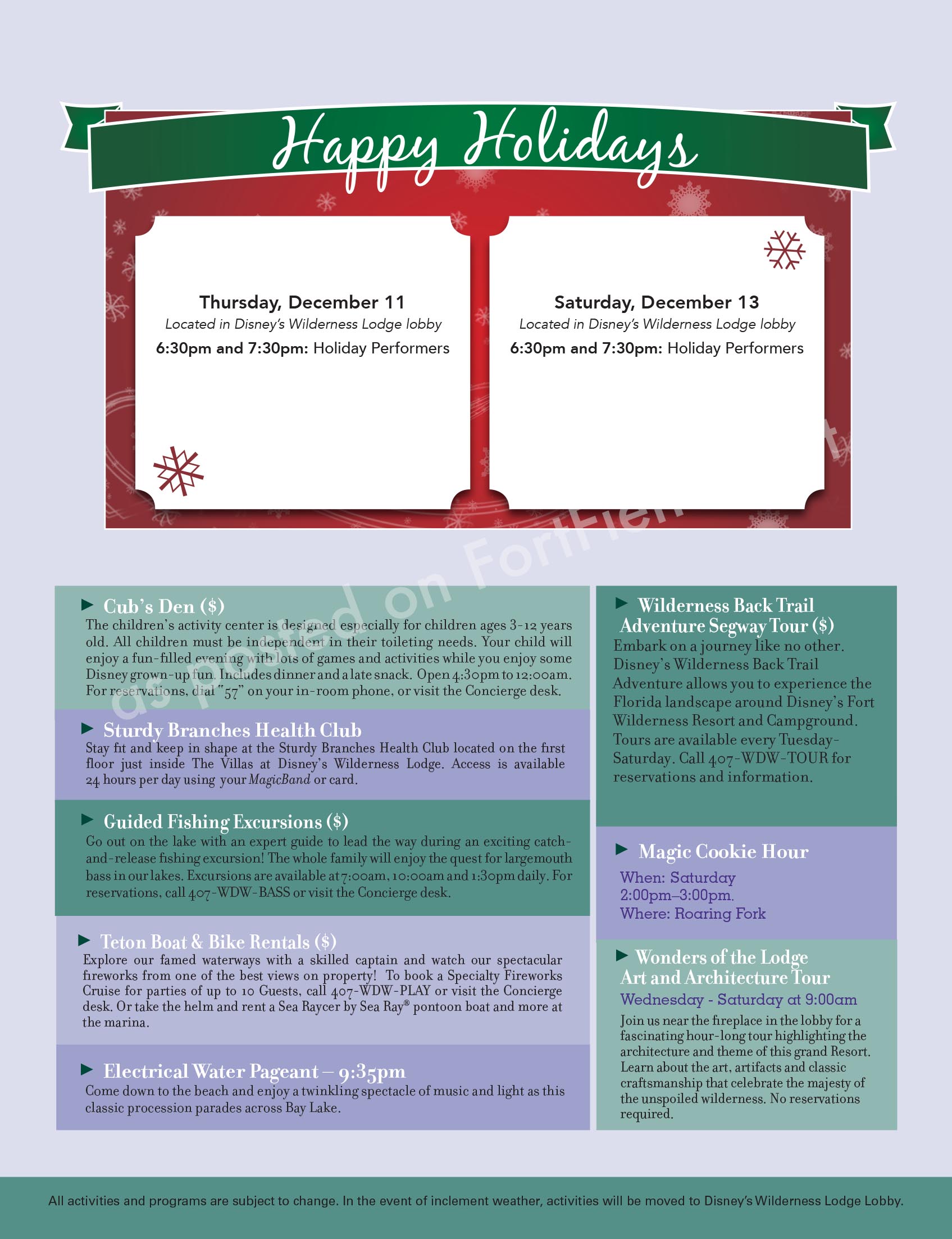 Wilderness Lodge Activities Calendar December 2014 Resorts Board